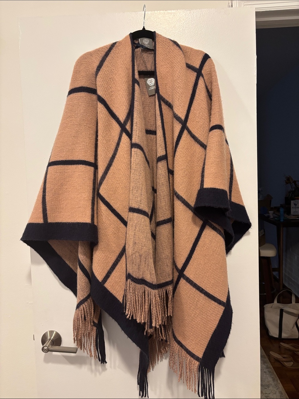 Vince Camuto Camel and Navy Plaid Fringe Wrap